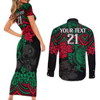 custom-rabbitohs-rugby-couples-matching-short-sleeve-bodycon-dress-and-long-sleeve-button-shirt-bunnies-hibiscus-and-turtle-with-polynesian-pattern