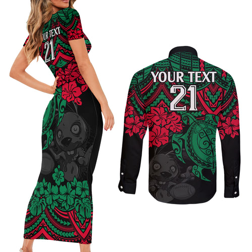 custom-rabbitohs-rugby-couples-matching-short-sleeve-bodycon-dress-and-long-sleeve-button-shirt-bunnies-hibiscus-and-turtle-with-polynesian-pattern
