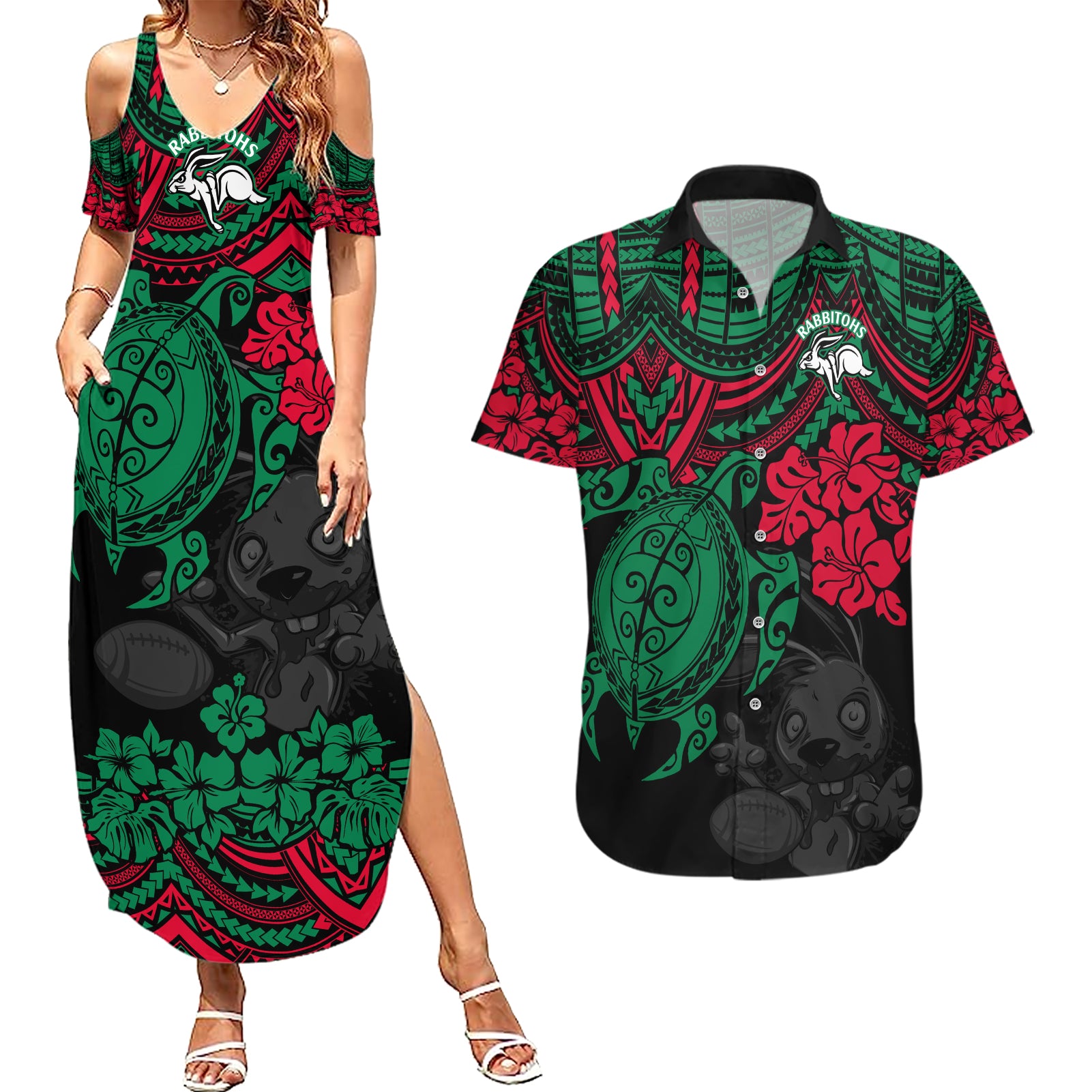 custom-rabbitohs-rugby-couples-matching-summer-maxi-dress-and-hawaiian-shirt-bunnies-hibiscus-and-turtle-with-polynesian-pattern