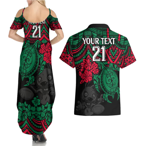 custom-rabbitohs-rugby-couples-matching-summer-maxi-dress-and-hawaiian-shirt-bunnies-hibiscus-and-turtle-with-polynesian-pattern