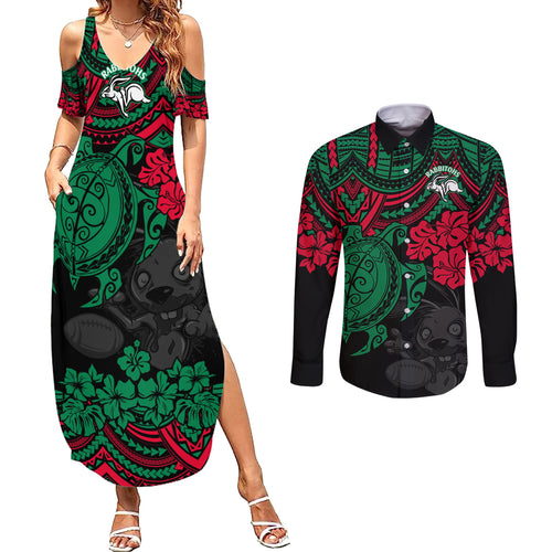 custom-rabbitohs-rugby-couples-matching-summer-maxi-dress-and-long-sleeve-button-shirt-bunnies-hibiscus-and-turtle-with-polynesian-pattern