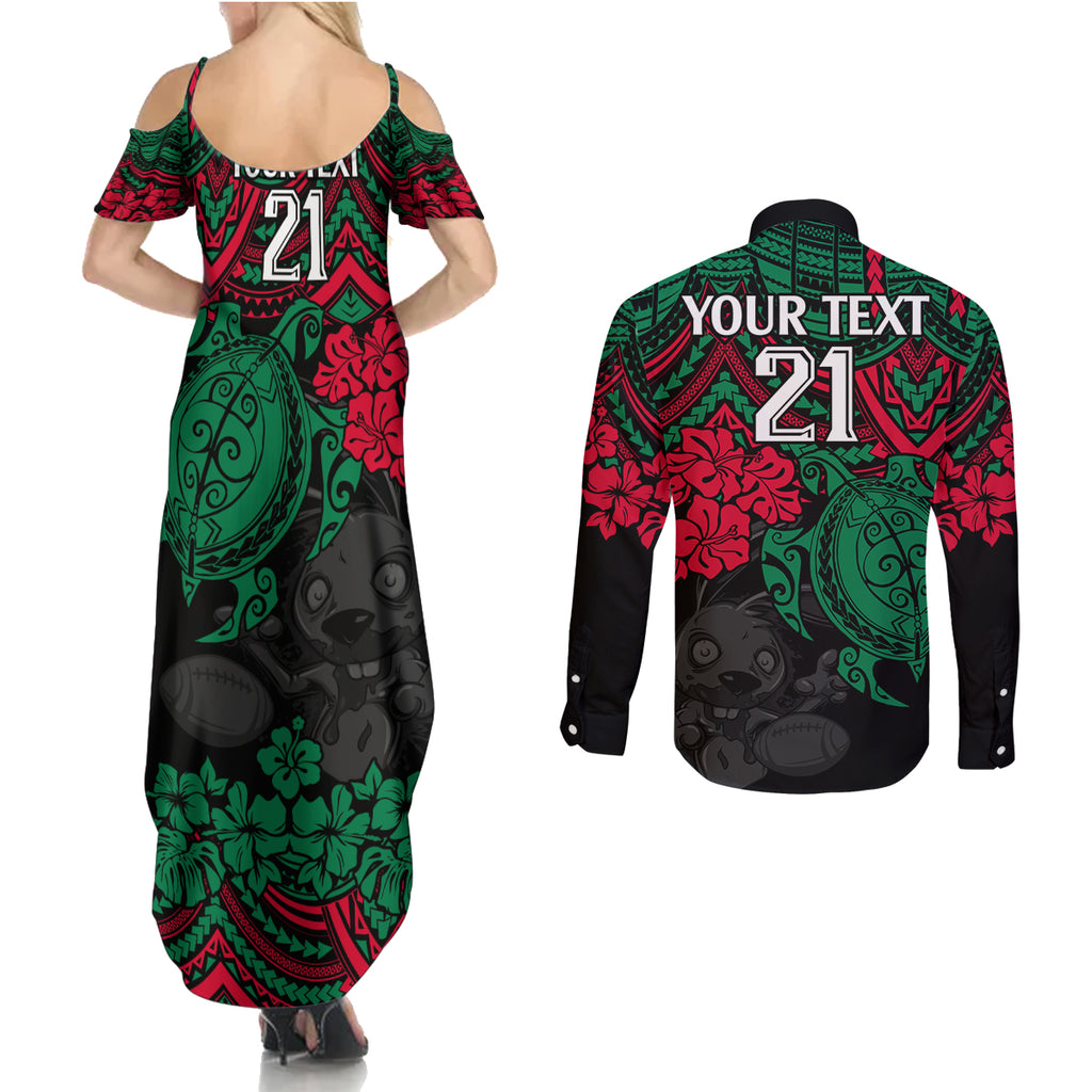 custom-rabbitohs-rugby-couples-matching-summer-maxi-dress-and-long-sleeve-button-shirt-bunnies-hibiscus-and-turtle-with-polynesian-pattern