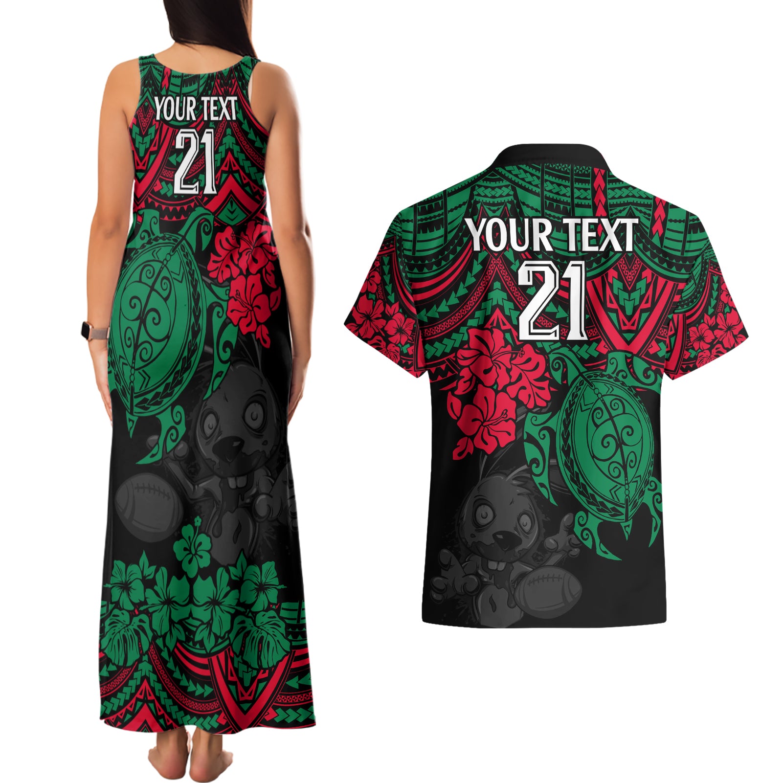 custom-rabbitohs-rugby-couples-matching-tank-maxi-dress-and-hawaiian-shirt-bunnies-hibiscus-and-turtle-with-polynesian-pattern