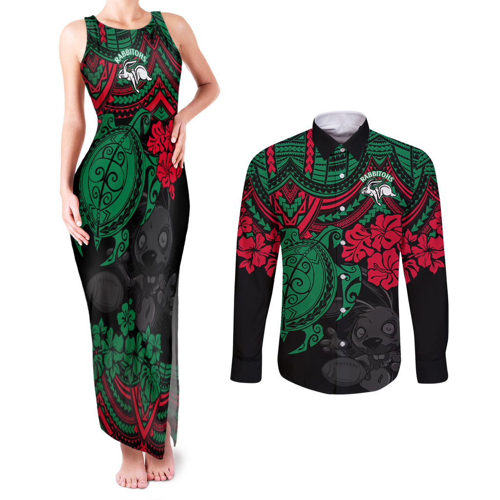 custom-rabbitohs-rugby-couples-matching-tank-maxi-dress-and-long-sleeve-button-shirt-bunnies-hibiscus-and-turtle-with-polynesian-pattern