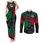 custom-rabbitohs-rugby-couples-matching-tank-maxi-dress-and-long-sleeve-button-shirt-bunnies-hibiscus-and-turtle-with-polynesian-pattern