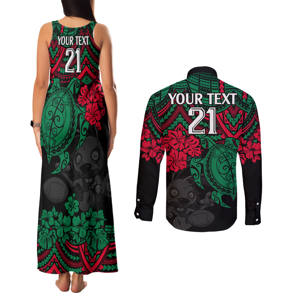 custom-rabbitohs-rugby-couples-matching-tank-maxi-dress-and-long-sleeve-button-shirt-bunnies-hibiscus-and-turtle-with-polynesian-pattern