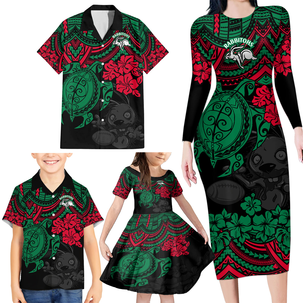 custom-rabbitohs-rugby-family-matching-long-sleeve-bodycon-dress-and-hawaiian-shirt-bunnies-hibiscus-and-turtle-with-polynesian-pattern