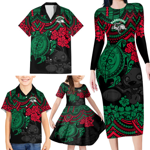 custom-rabbitohs-rugby-family-matching-long-sleeve-bodycon-dress-and-hawaiian-shirt-bunnies-hibiscus-and-turtle-with-polynesian-pattern