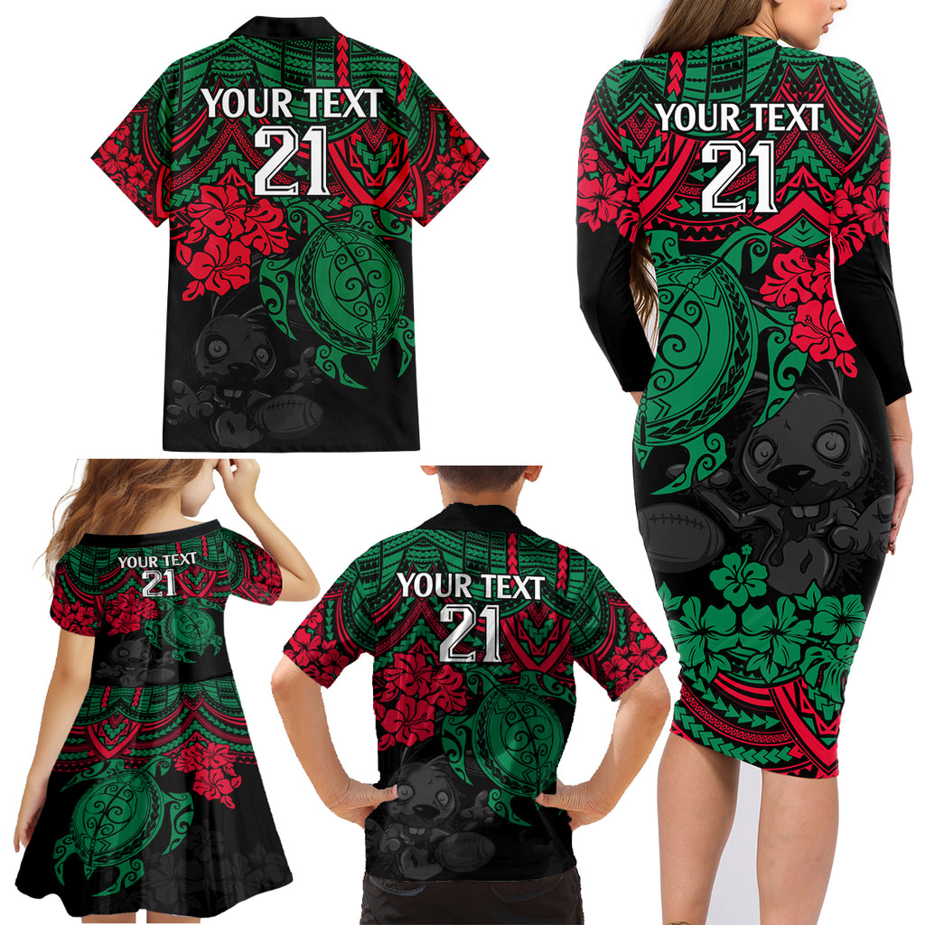 custom-rabbitohs-rugby-family-matching-long-sleeve-bodycon-dress-and-hawaiian-shirt-bunnies-hibiscus-and-turtle-with-polynesian-pattern