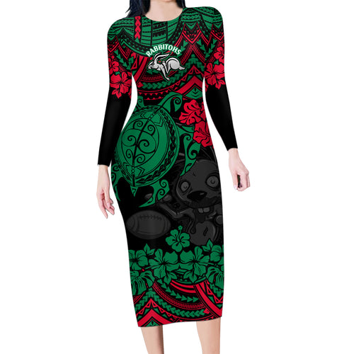 custom-rabbitohs-rugby-family-matching-long-sleeve-bodycon-dress-and-hawaiian-shirt-bunnies-hibiscus-and-turtle-with-polynesian-pattern