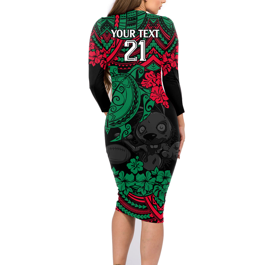 custom-rabbitohs-rugby-family-matching-long-sleeve-bodycon-dress-and-hawaiian-shirt-bunnies-hibiscus-and-turtle-with-polynesian-pattern