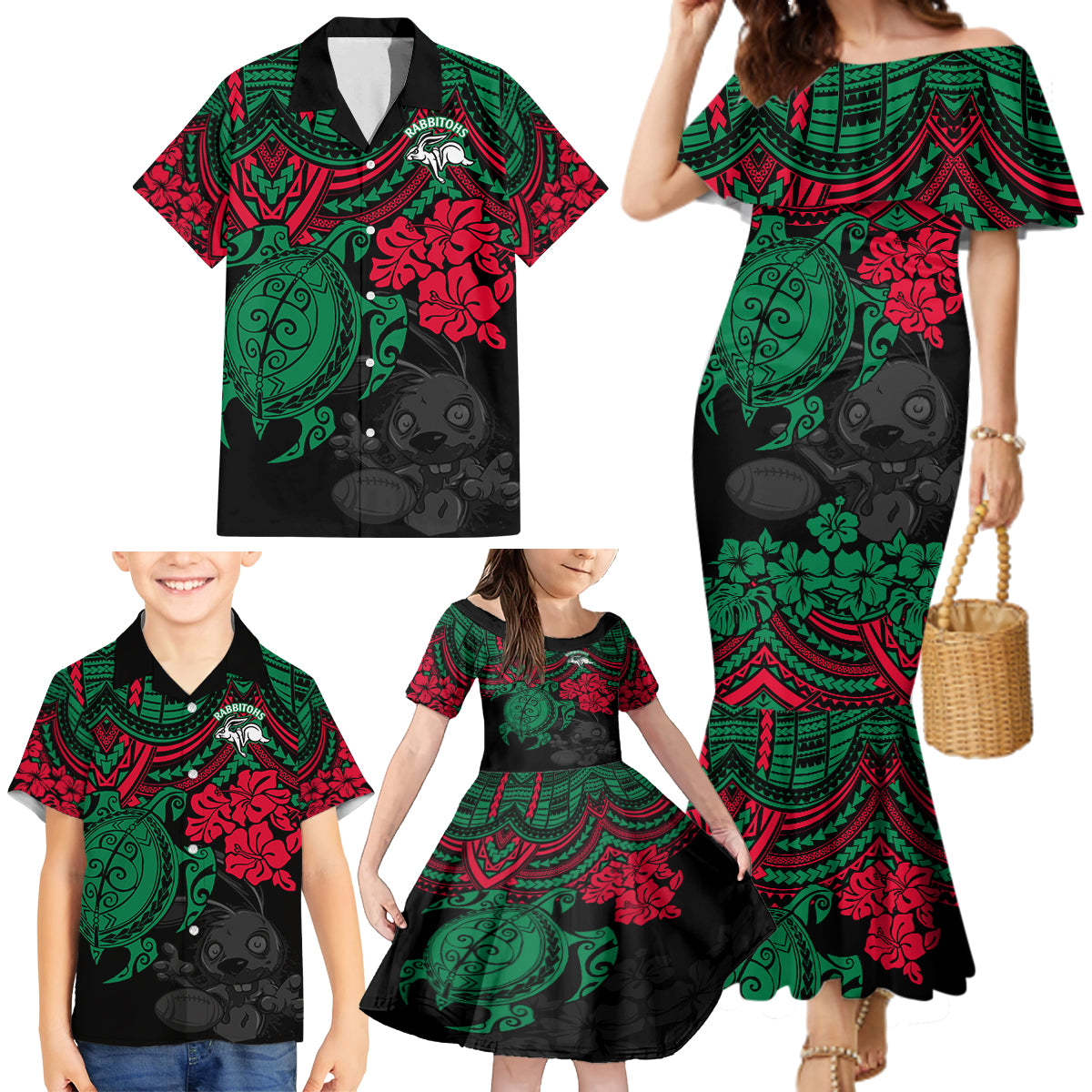 custom-rabbitohs-rugby-family-matching-mermaid-dress-and-hawaiian-shirt-bunnies-hibiscus-and-turtle-with-polynesian-pattern