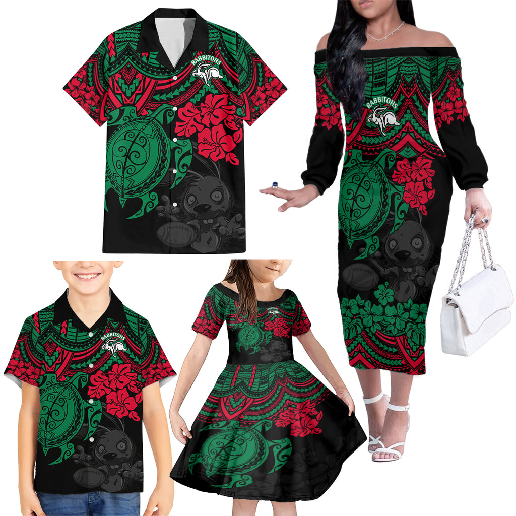 custom-rabbitohs-rugby-family-matching-off-shoulder-long-sleeve-dress-and-hawaiian-shirt-bunnies-hibiscus-and-turtle-with-polynesian-pattern