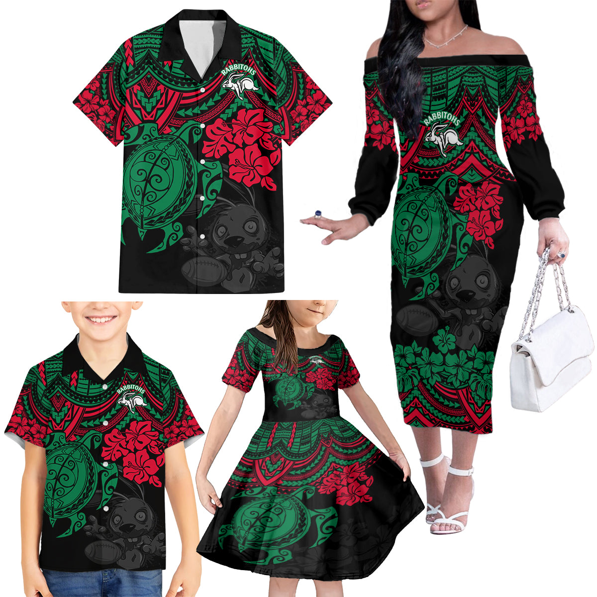 custom-rabbitohs-rugby-family-matching-off-shoulder-long-sleeve-dress-and-hawaiian-shirt-bunnies-hibiscus-and-turtle-with-polynesian-pattern