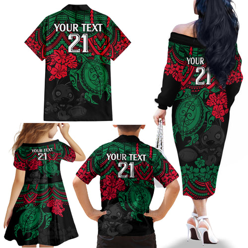 custom-rabbitohs-rugby-family-matching-off-shoulder-long-sleeve-dress-and-hawaiian-shirt-bunnies-hibiscus-and-turtle-with-polynesian-pattern
