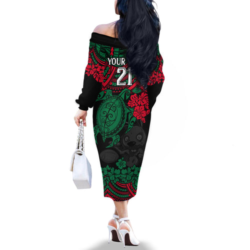 custom-rabbitohs-rugby-family-matching-off-shoulder-long-sleeve-dress-and-hawaiian-shirt-bunnies-hibiscus-and-turtle-with-polynesian-pattern