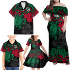 custom-rabbitohs-rugby-family-matching-off-shoulder-maxi-dress-and-hawaiian-shirt-bunnies-hibiscus-and-turtle-with-polynesian-pattern