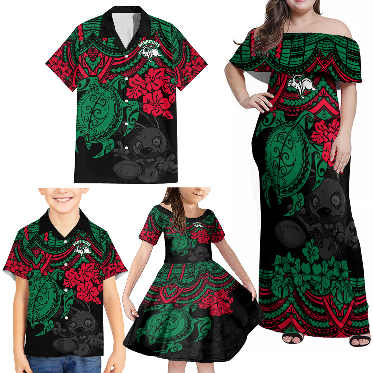 custom-rabbitohs-rugby-family-matching-off-shoulder-maxi-dress-and-hawaiian-shirt-bunnies-hibiscus-and-turtle-with-polynesian-pattern