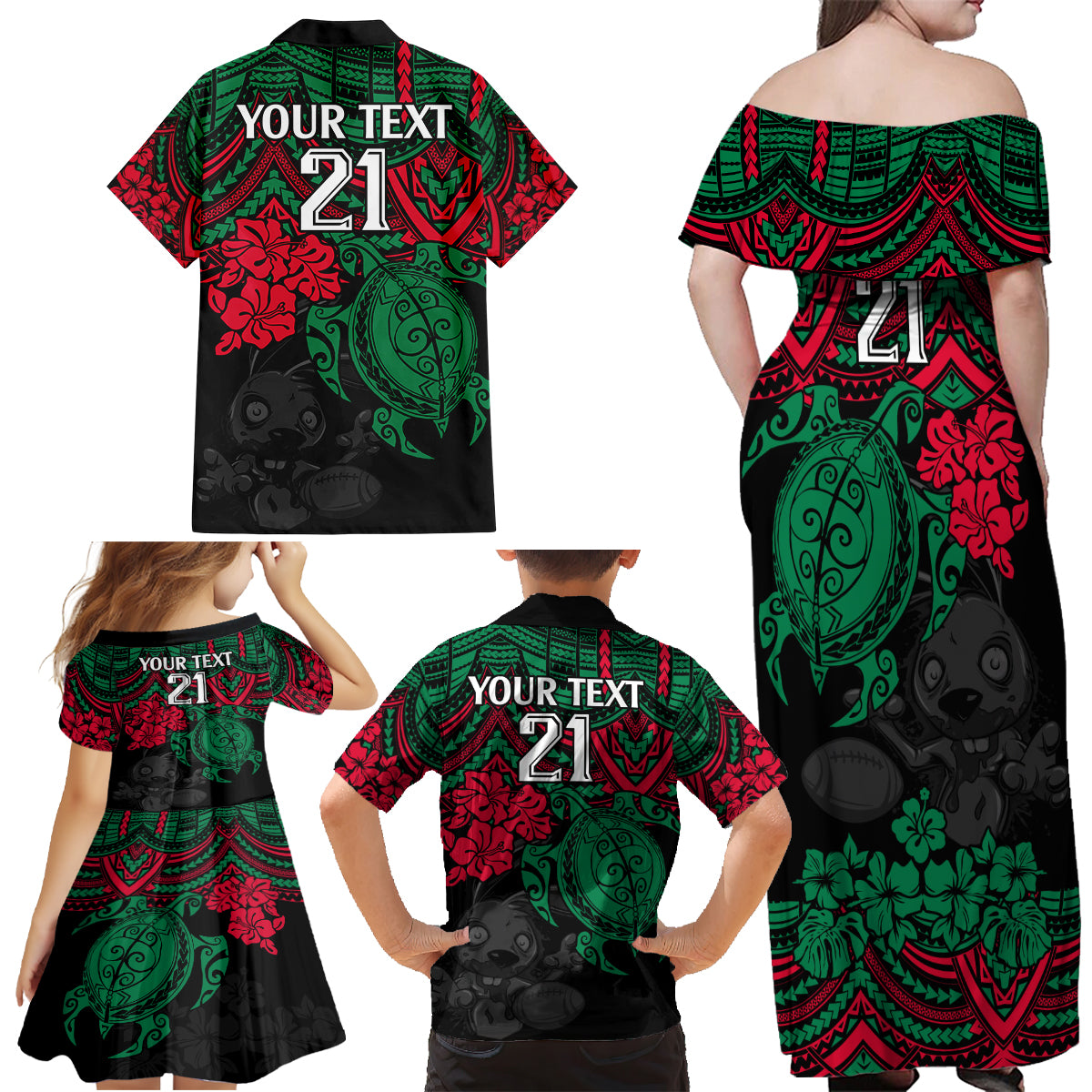 custom-rabbitohs-rugby-family-matching-off-shoulder-maxi-dress-and-hawaiian-shirt-bunnies-hibiscus-and-turtle-with-polynesian-pattern