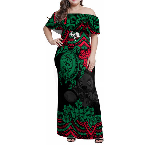 custom-rabbitohs-rugby-family-matching-off-shoulder-maxi-dress-and-hawaiian-shirt-bunnies-hibiscus-and-turtle-with-polynesian-pattern