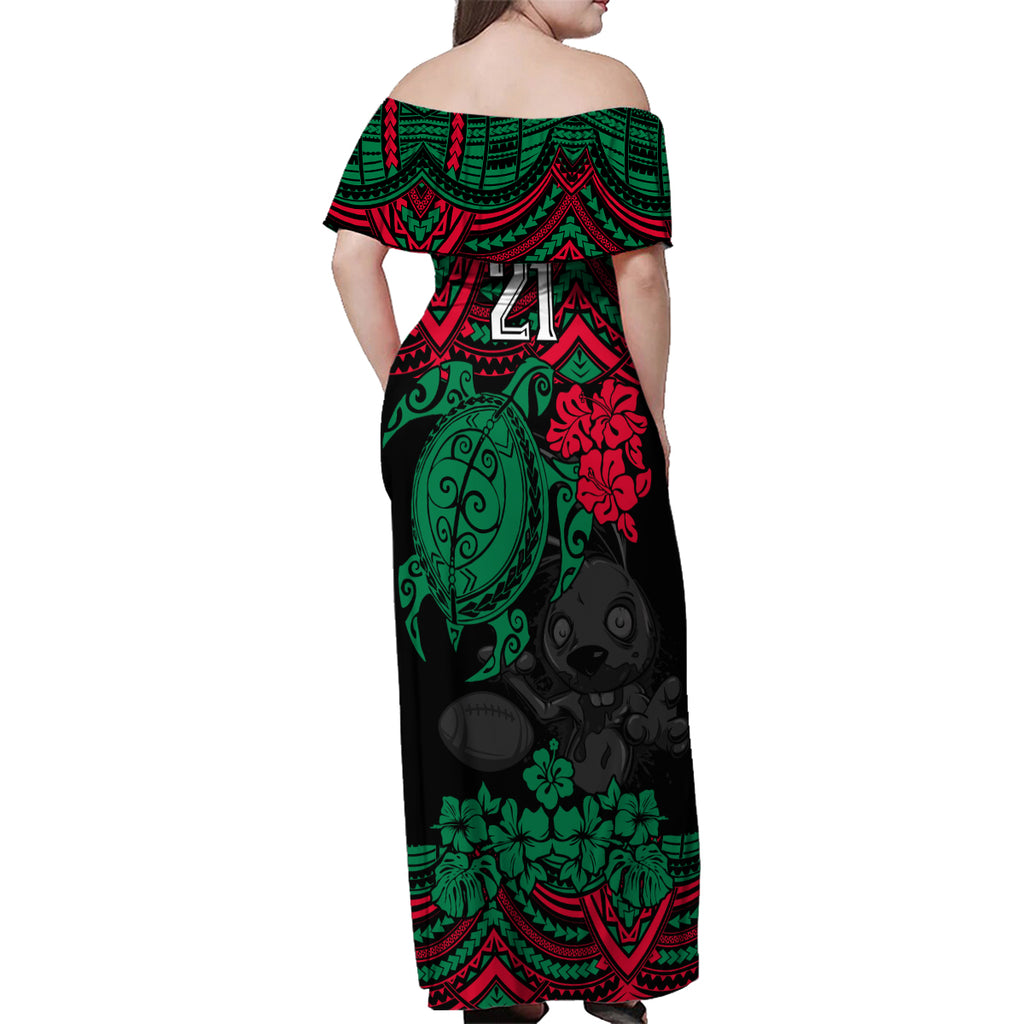 custom-rabbitohs-rugby-family-matching-off-shoulder-maxi-dress-and-hawaiian-shirt-bunnies-hibiscus-and-turtle-with-polynesian-pattern