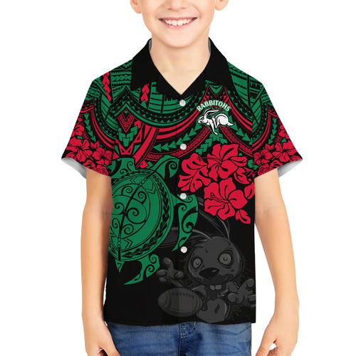 custom-rabbitohs-rugby-family-matching-off-shoulder-maxi-dress-and-hawaiian-shirt-bunnies-hibiscus-and-turtle-with-polynesian-pattern