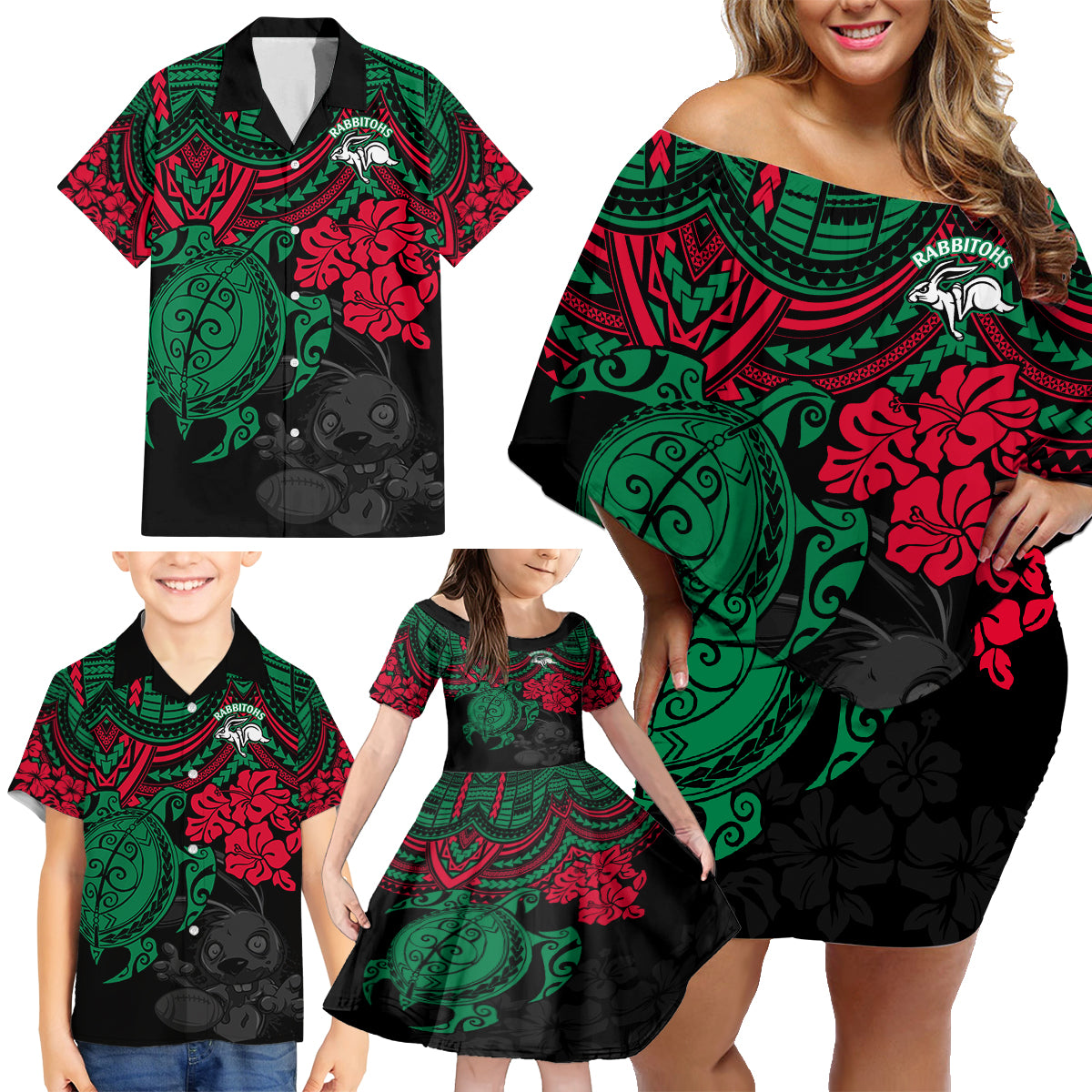 custom-rabbitohs-rugby-family-matching-off-shoulder-short-dress-and-hawaiian-shirt-bunnies-hibiscus-and-turtle-with-polynesian-pattern