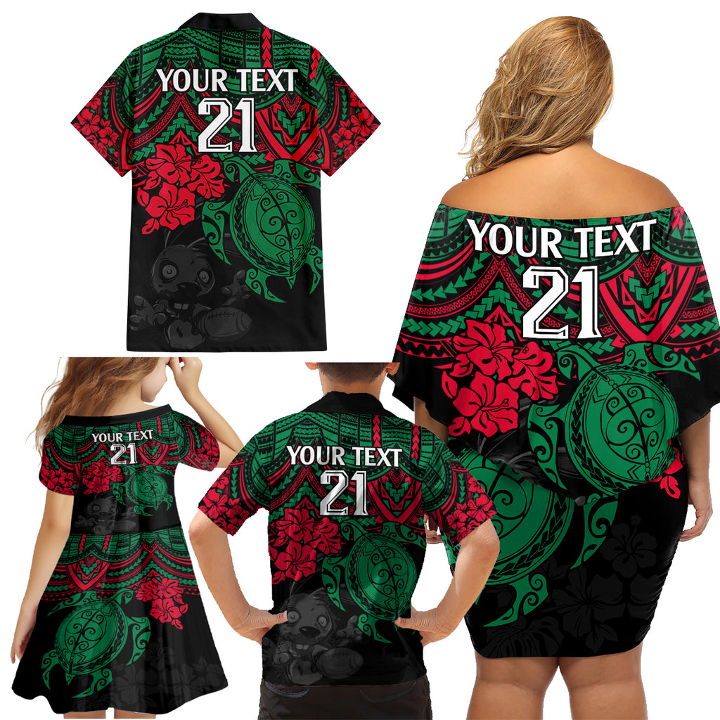 custom-rabbitohs-rugby-family-matching-off-shoulder-short-dress-and-hawaiian-shirt-bunnies-hibiscus-and-turtle-with-polynesian-pattern