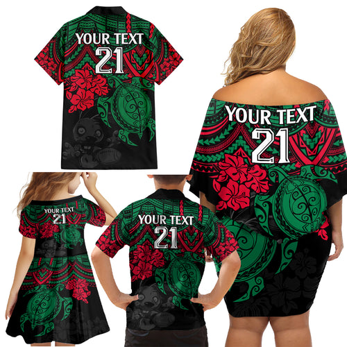 custom-rabbitohs-rugby-family-matching-off-shoulder-short-dress-and-hawaiian-shirt-bunnies-hibiscus-and-turtle-with-polynesian-pattern