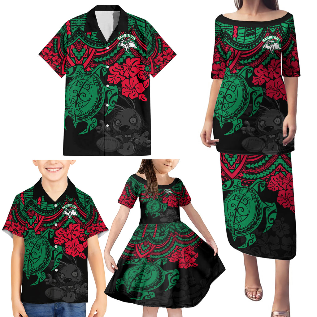 custom-rabbitohs-rugby-family-matching-puletasi-dress-and-hawaiian-shirt-bunnies-hibiscus-and-turtle-with-polynesian-pattern