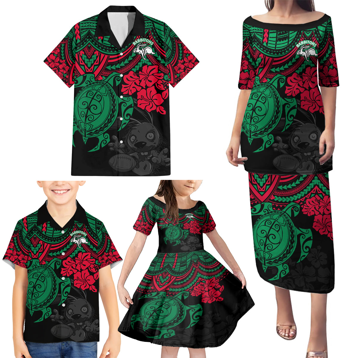 custom-rabbitohs-rugby-family-matching-puletasi-dress-and-hawaiian-shirt-bunnies-hibiscus-and-turtle-with-polynesian-pattern