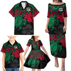 custom-rabbitohs-rugby-family-matching-puletasi-dress-and-hawaiian-shirt-bunnies-hibiscus-and-turtle-with-polynesian-pattern