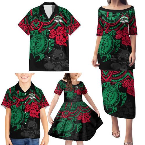 custom-rabbitohs-rugby-family-matching-puletasi-dress-and-hawaiian-shirt-bunnies-hibiscus-and-turtle-with-polynesian-pattern