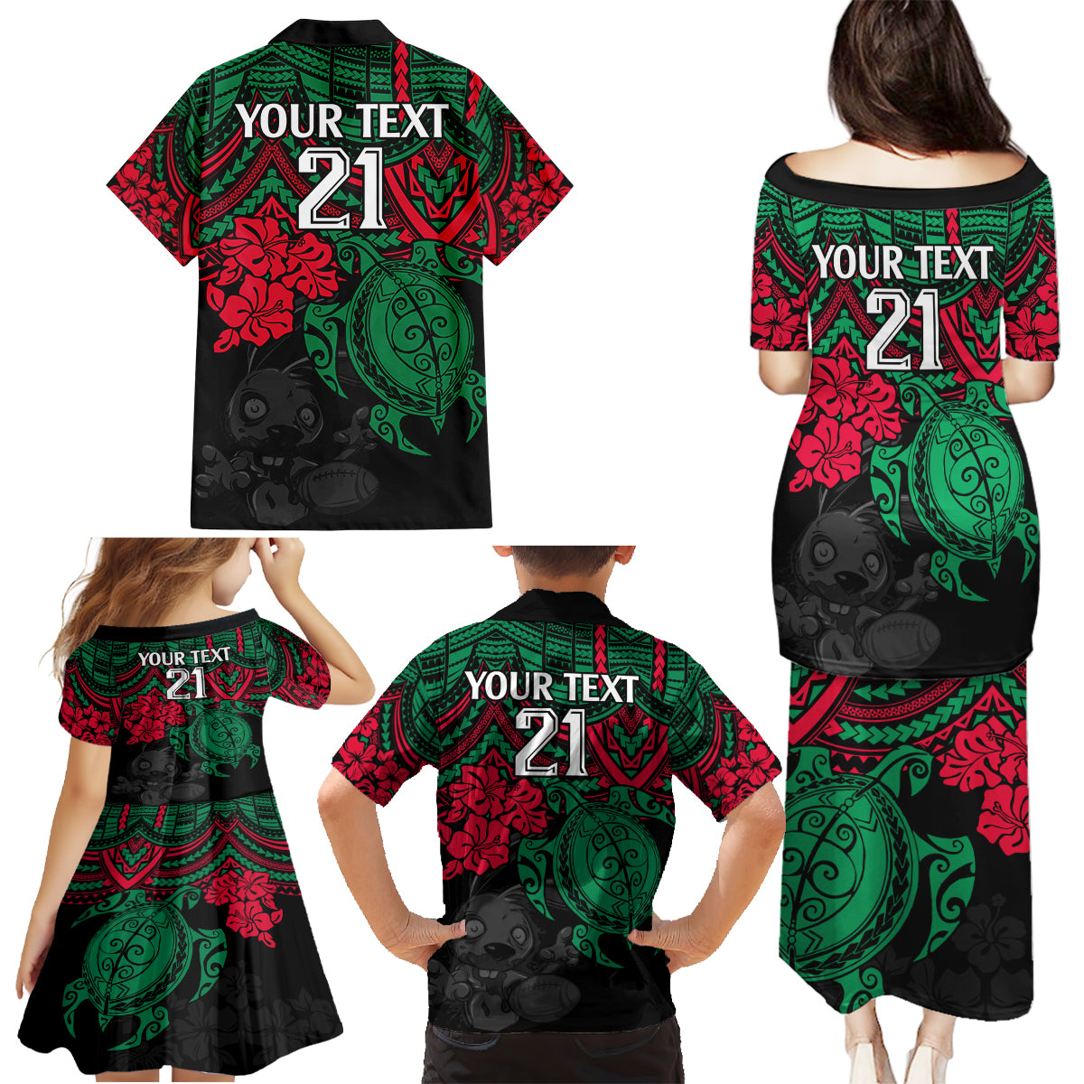 custom-rabbitohs-rugby-family-matching-puletasi-dress-and-hawaiian-shirt-bunnies-hibiscus-and-turtle-with-polynesian-pattern