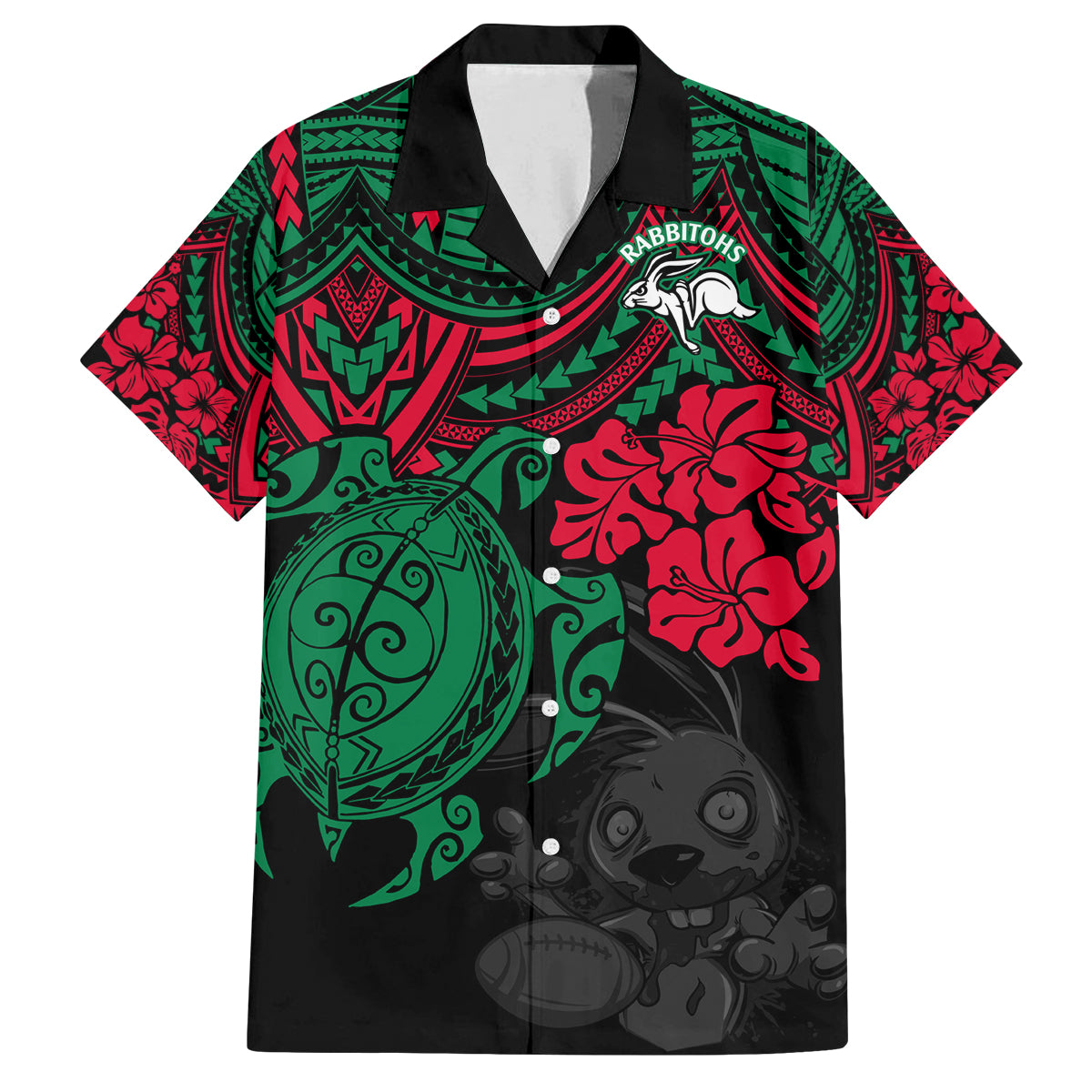 custom-rabbitohs-rugby-family-matching-puletasi-dress-and-hawaiian-shirt-bunnies-hibiscus-and-turtle-with-polynesian-pattern