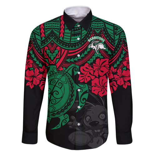 custom-rabbitohs-rugby-family-matching-puletasi-dress-and-hawaiian-shirt-bunnies-hibiscus-and-turtle-with-polynesian-pattern