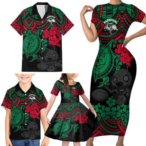 custom-rabbitohs-rugby-family-matching-short-sleeve-bodycon-dress-and-hawaiian-shirt-bunnies-hibiscus-and-turtle-with-polynesian-pattern