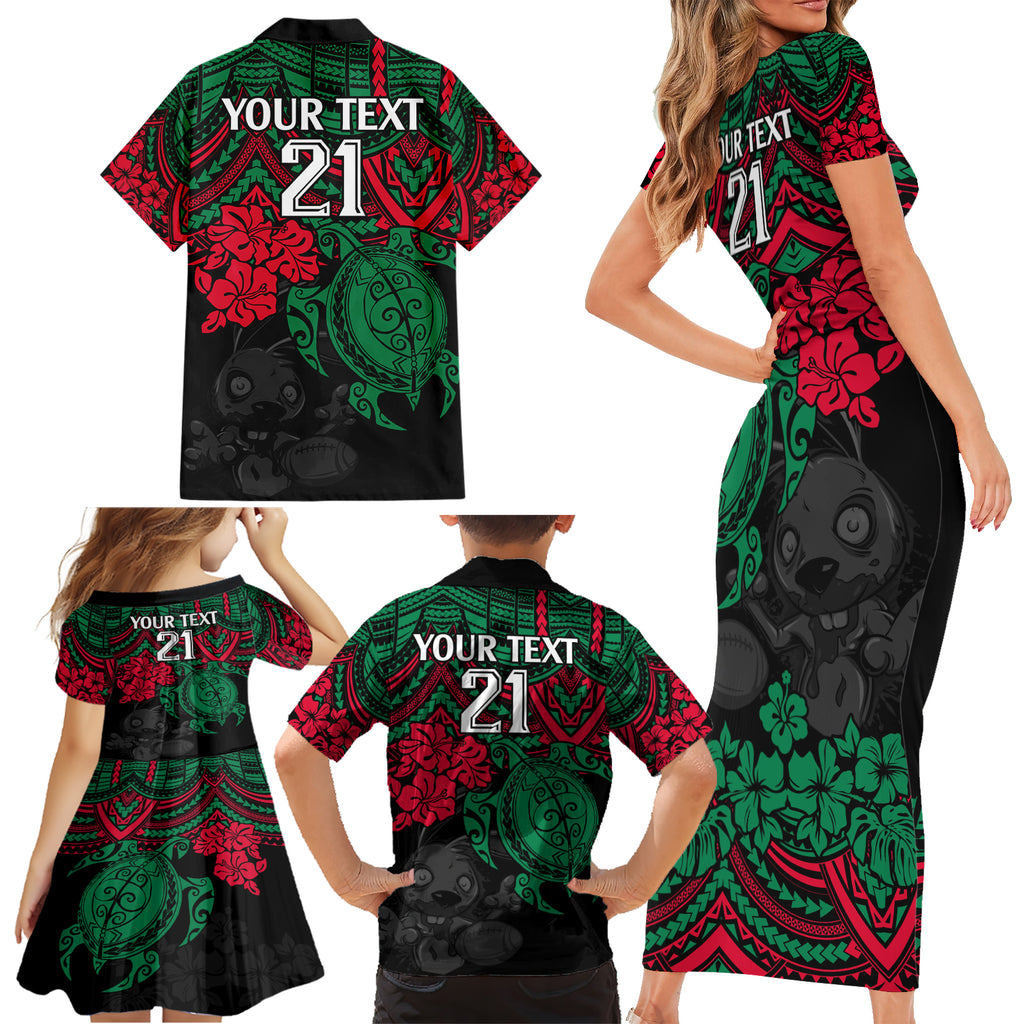 custom-rabbitohs-rugby-family-matching-short-sleeve-bodycon-dress-and-hawaiian-shirt-bunnies-hibiscus-and-turtle-with-polynesian-pattern