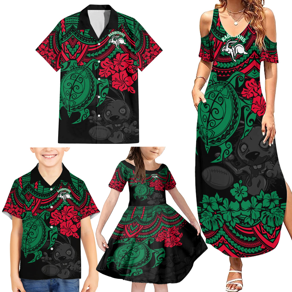custom-rabbitohs-rugby-family-matching-summer-maxi-dress-and-hawaiian-shirt-bunnies-hibiscus-and-turtle-with-polynesian-pattern