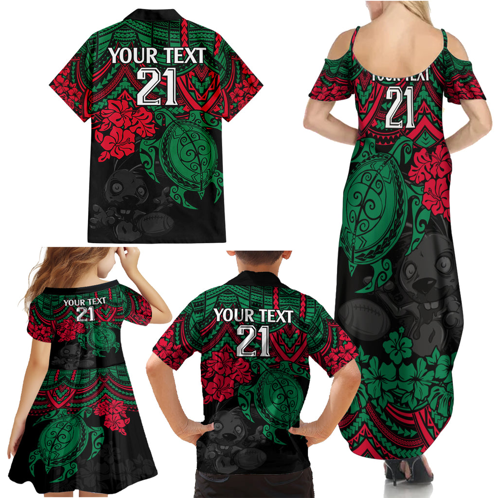 custom-rabbitohs-rugby-family-matching-summer-maxi-dress-and-hawaiian-shirt-bunnies-hibiscus-and-turtle-with-polynesian-pattern
