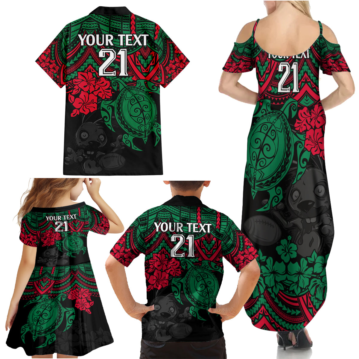 custom-rabbitohs-rugby-family-matching-summer-maxi-dress-and-hawaiian-shirt-bunnies-hibiscus-and-turtle-with-polynesian-pattern