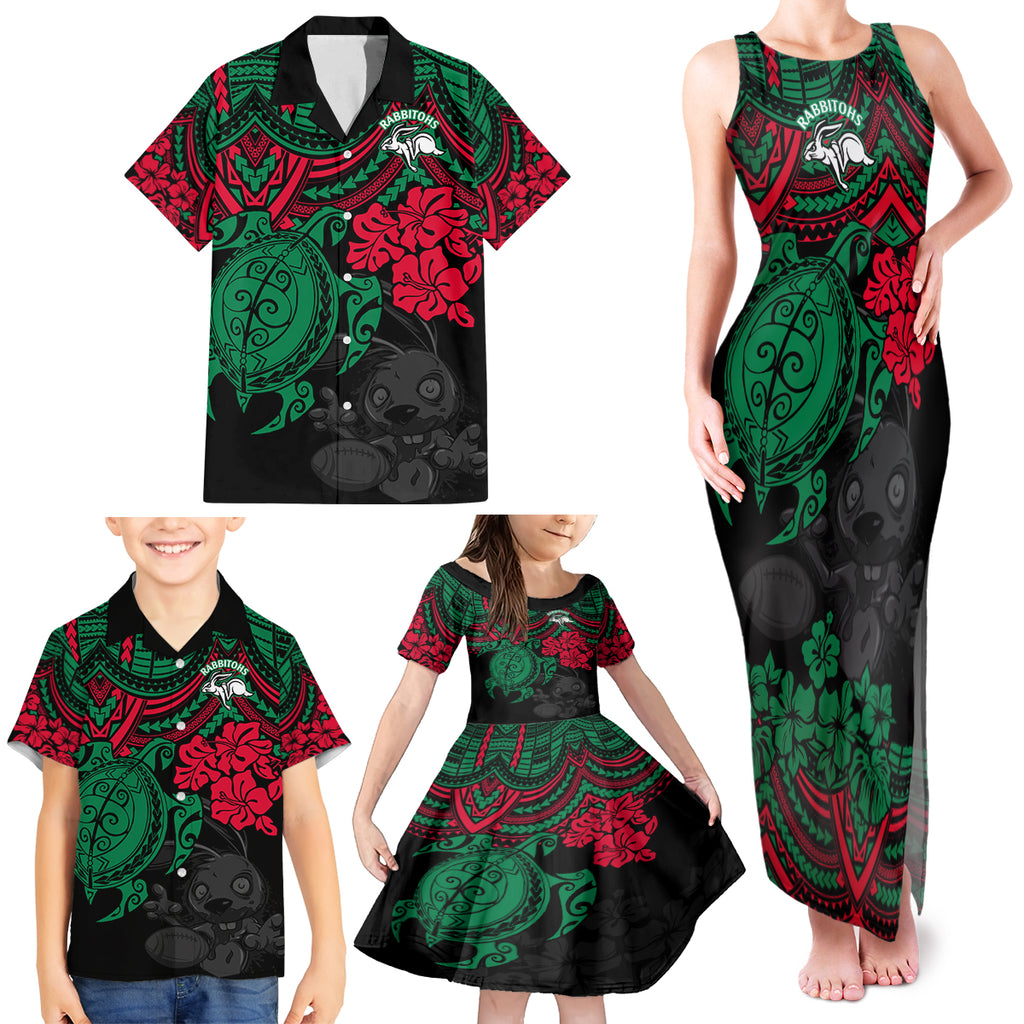 custom-rabbitohs-rugby-family-matching-tank-maxi-dress-and-hawaiian-shirt-bunnies-hibiscus-and-turtle-with-polynesian-pattern