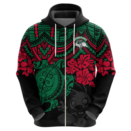 custom-rabbitohs-rugby-hoodie-bunnies-hibiscus-and-turtle-with-polynesian-pattern