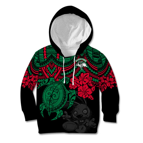 custom-rabbitohs-rugby-kid-hoodie-bunnies-hibiscus-and-turtle-with-polynesian-pattern