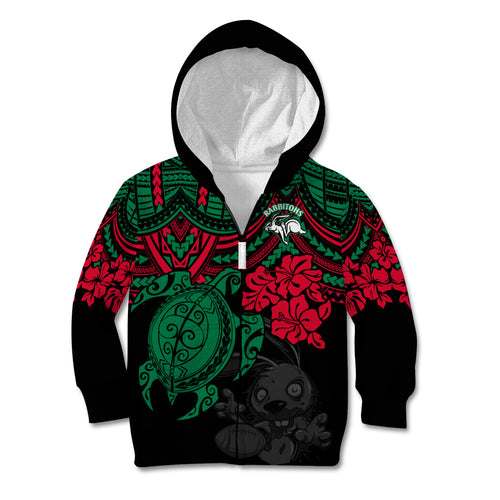 custom-rabbitohs-rugby-kid-hoodie-bunnies-hibiscus-and-turtle-with-polynesian-pattern