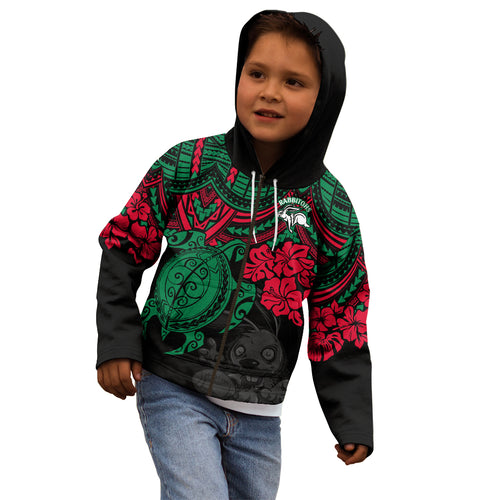 custom-rabbitohs-rugby-kid-hoodie-bunnies-hibiscus-and-turtle-with-polynesian-pattern
