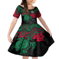custom-rabbitohs-rugby-kid-short-sleeve-dress-bunnies-hibiscus-and-turtle-with-polynesian-pattern
