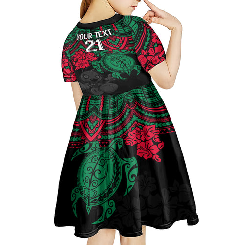 custom-rabbitohs-rugby-kid-short-sleeve-dress-bunnies-hibiscus-and-turtle-with-polynesian-pattern