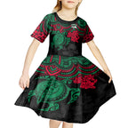 custom-rabbitohs-rugby-kid-short-sleeve-dress-bunnies-hibiscus-and-turtle-with-polynesian-pattern
