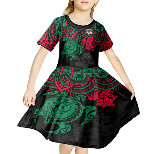 custom-rabbitohs-rugby-kid-short-sleeve-dress-bunnies-hibiscus-and-turtle-with-polynesian-pattern